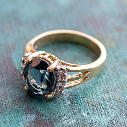 Vintage 1980s Sapphire Cubic Zirconia Ring with Clear Austrian Crystals – 18k Gold Electroplated, Made in USA jewelry image 1
