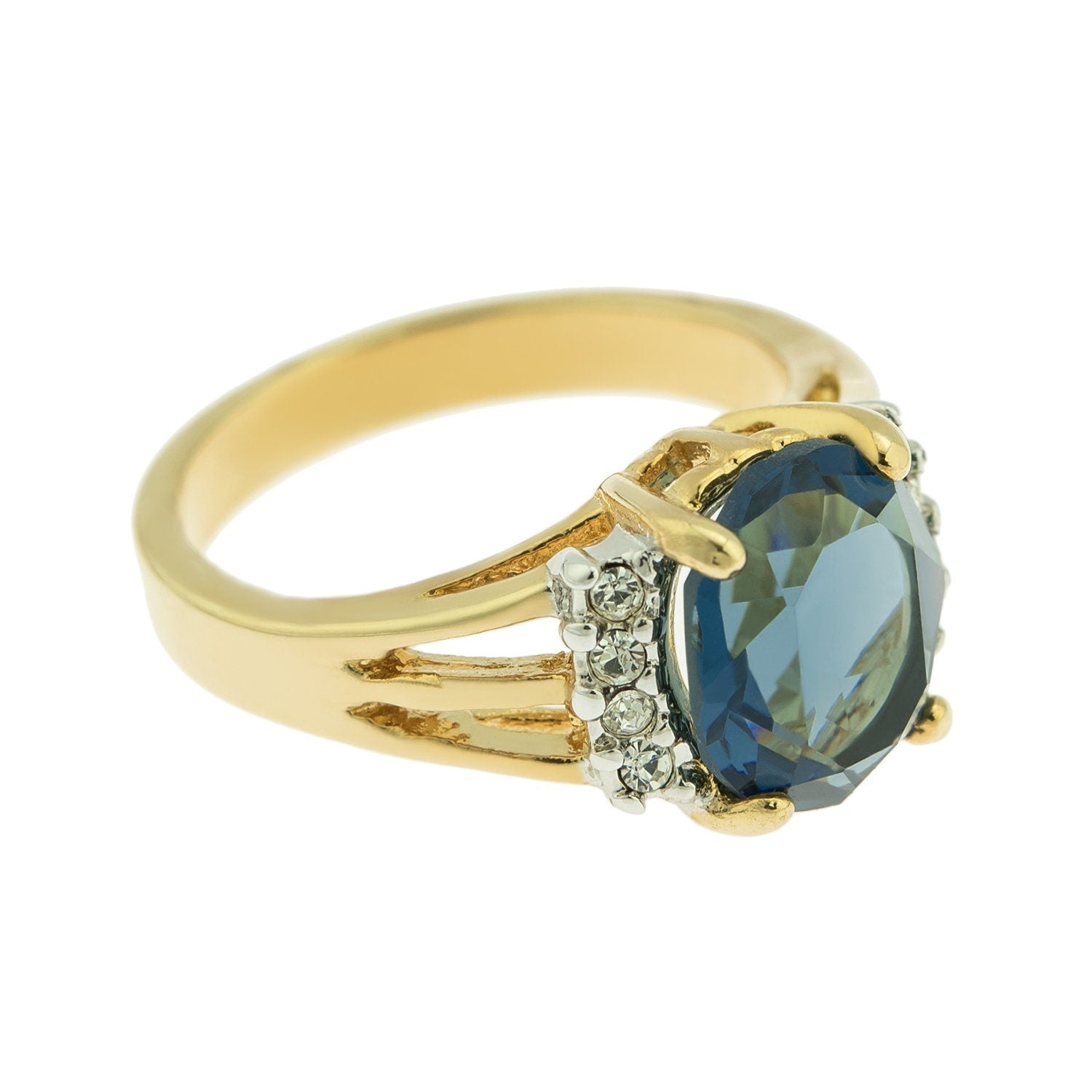 Vintage 1980s Sapphire Cubic Zirconia Ring with Clear Austrian Crystals – 18k Gold Electroplated, Made in USA jewelry image 1