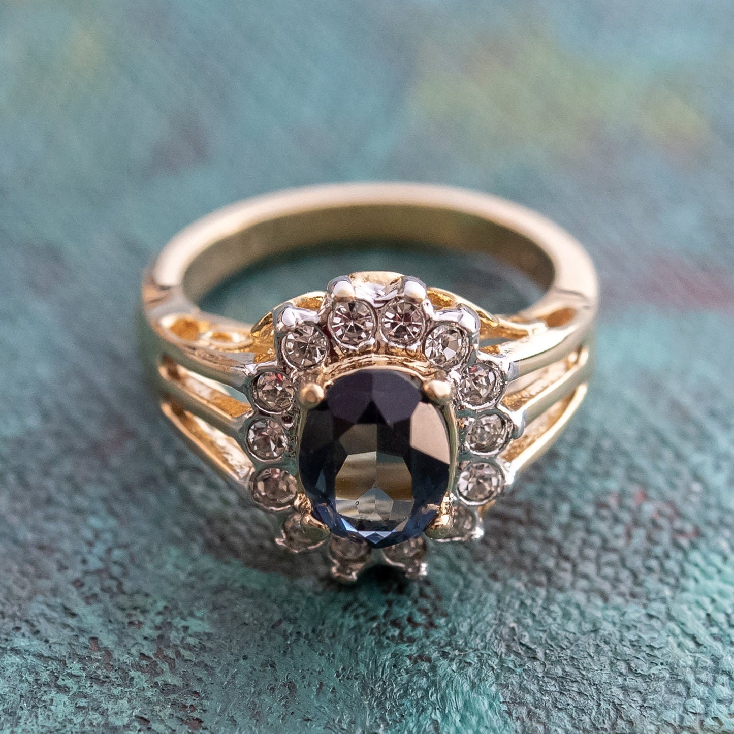 Vintage Sapphire and Clear Austrian Crystal 18k Yellow Gold Electroplated Halo Ring – Made in USA jewelry image 1