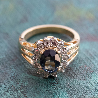 Vintage Sapphire and Clear Austrian Crystal 18k Yellow Gold Electroplated Halo Ring – Made in USA jewelry image 1