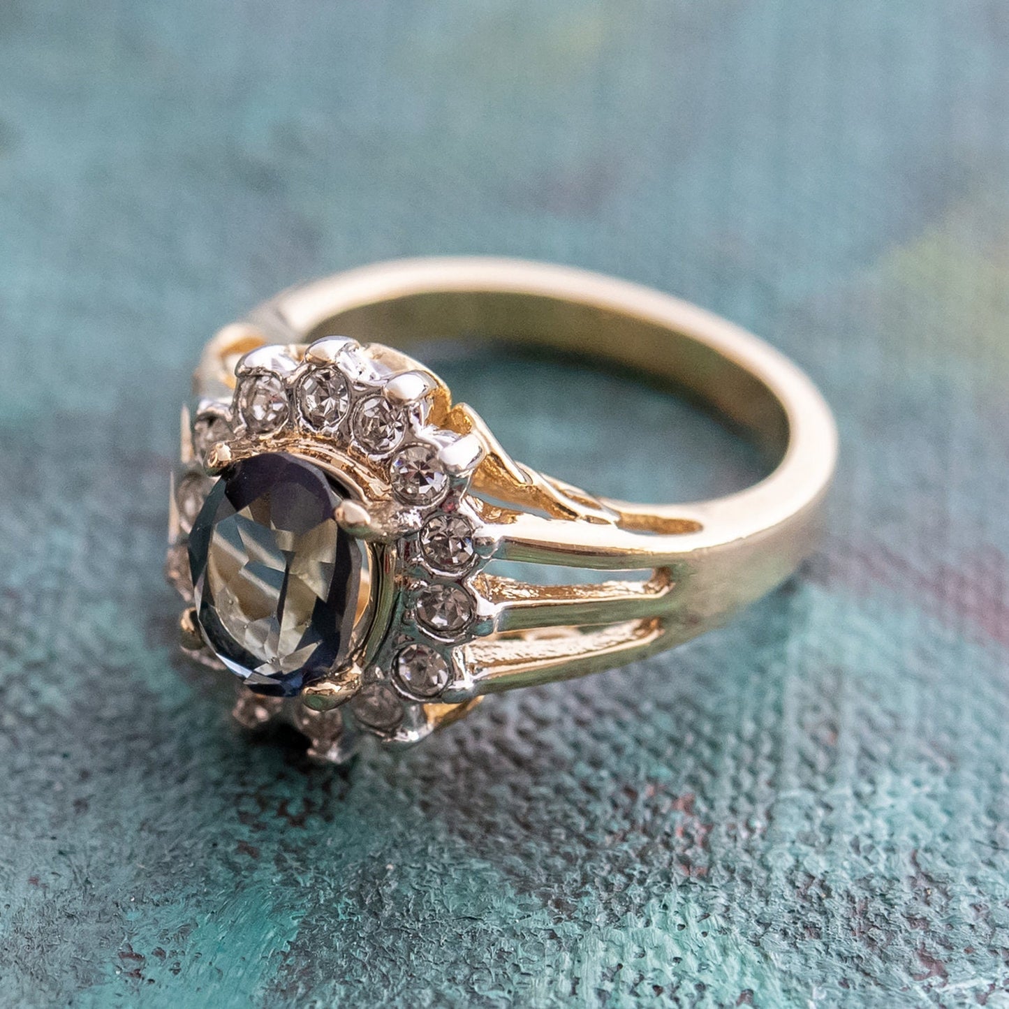 Vintage Sapphire and Clear Austrian Crystal 18k Yellow Gold Electroplated Halo Ring – Made in USA jewelry image 1
