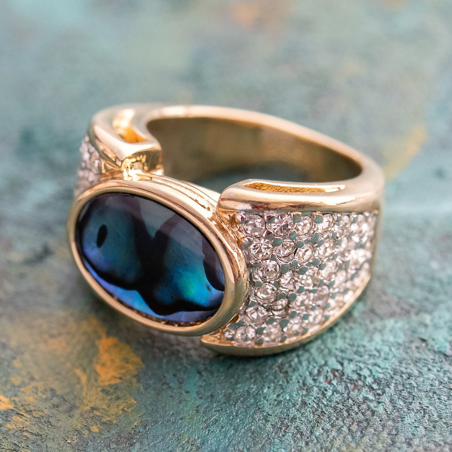 Vintage Genuine Blue Abalone Cocktail Ring with Austrian Crystals - 18k Yellow Gold Electroplated jewelry image 1