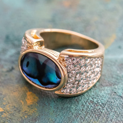 Vintage Genuine Blue Abalone Cocktail Ring with Austrian Crystals - 18k Yellow Gold Electroplated jewelry image 1