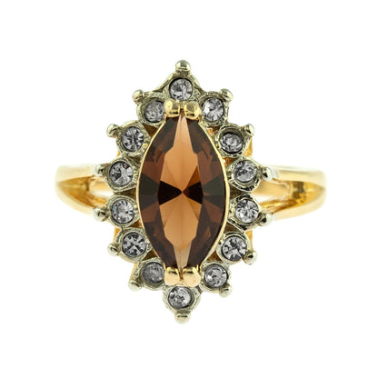 Vintage 1980s Smokey Topaz and Clear Austrian Crystal 18k Yellow Gold Electroplated Ring jewelry image 1