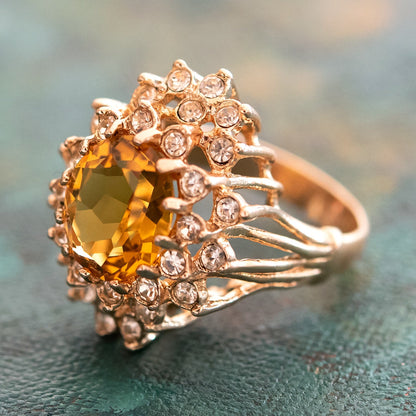 Vintage Light Topaz and Clear Austrian Crystal Cocktail Ring – 18k Gold Electroplated, Made in USA jewelry image 1
