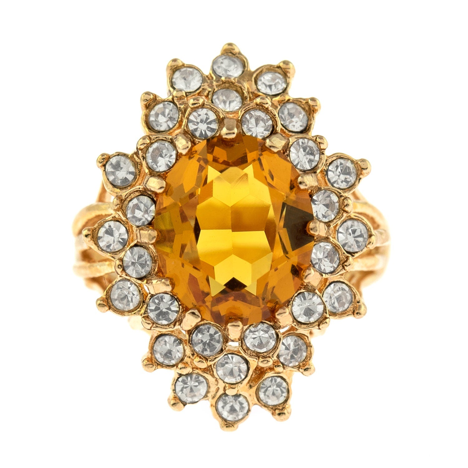 Vintage Light Topaz and Clear Austrian Crystal Cocktail Ring – 18k Gold Electroplated, Made in USA jewelry image 1