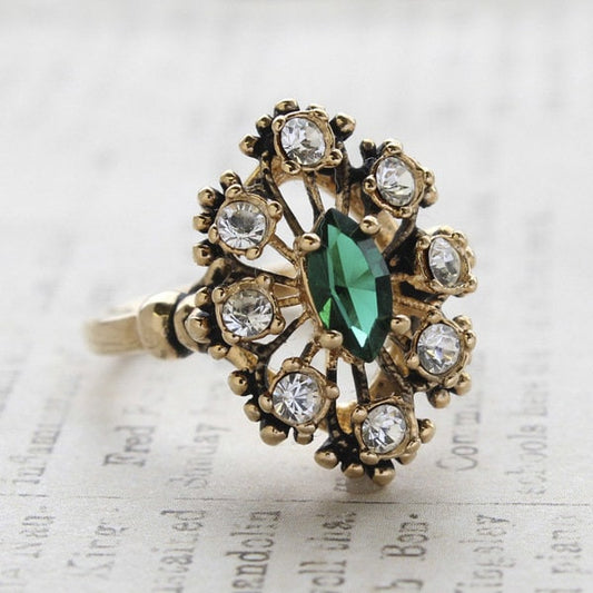 Vintage Emerald Green and Clear Austrian Crystal Ring – 18kt Antiqued Gold Electroplated jewelry image 1