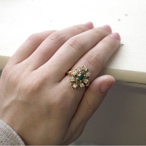 Vintage Emerald Green and Clear Austrian Crystal Ring – 18kt Antiqued Gold Electroplated jewelry image 1