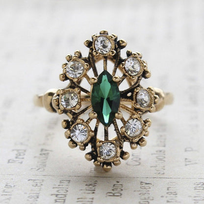 Vintage Emerald Green and Clear Austrian Crystal Ring – 18kt Antiqued Gold Electroplated jewelry image 1