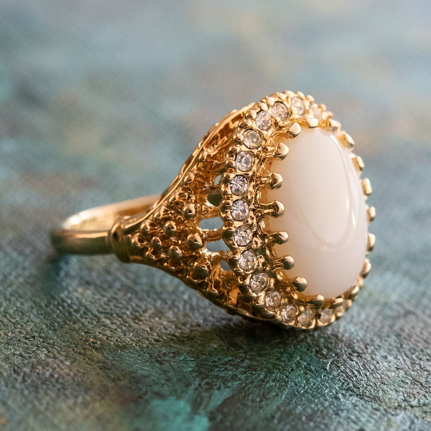 Vintage Genuine Opal and Clear Austrian Crystal Edwardian Style 18k Gold Electroplated Ring jewelry image 1