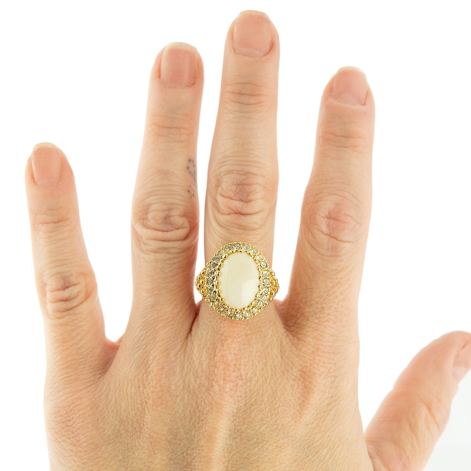 Vintage Genuine Opal and Clear Austrian Crystal Edwardian Style 18k Gold Electroplated Ring jewelry image 1