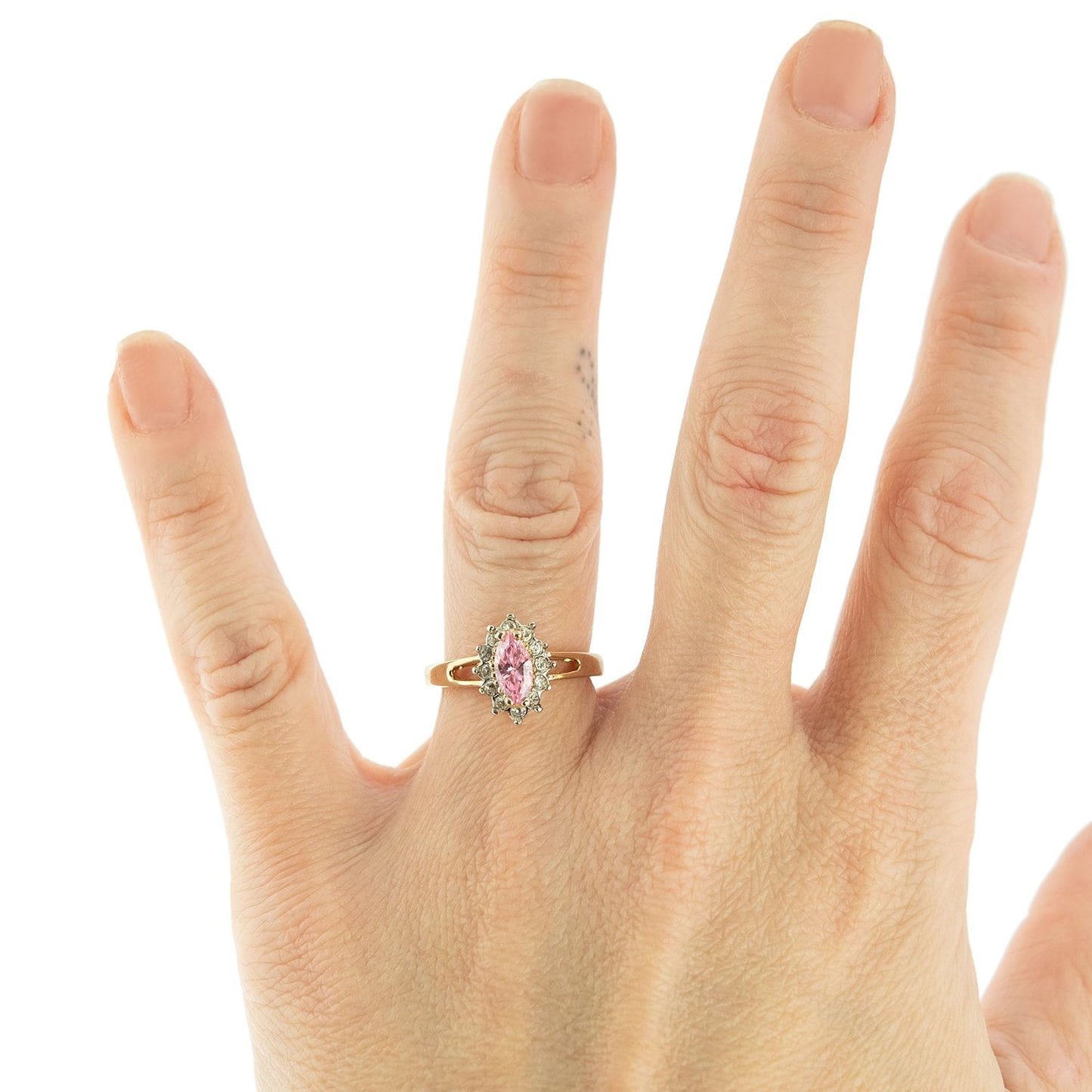 Vintage 1980s Pink Tourmaline Austrian Crystal 18kt Yellow Gold Electroplated Ring Made in USA jewelry image 1