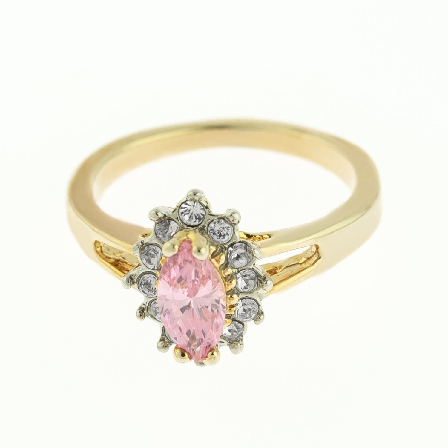 Vintage 1980s Pink Tourmaline Cubic Zirconia & Austrian Crystal Ring – 18kt Yellow Gold Electroplated #R1314 jewelry image 1