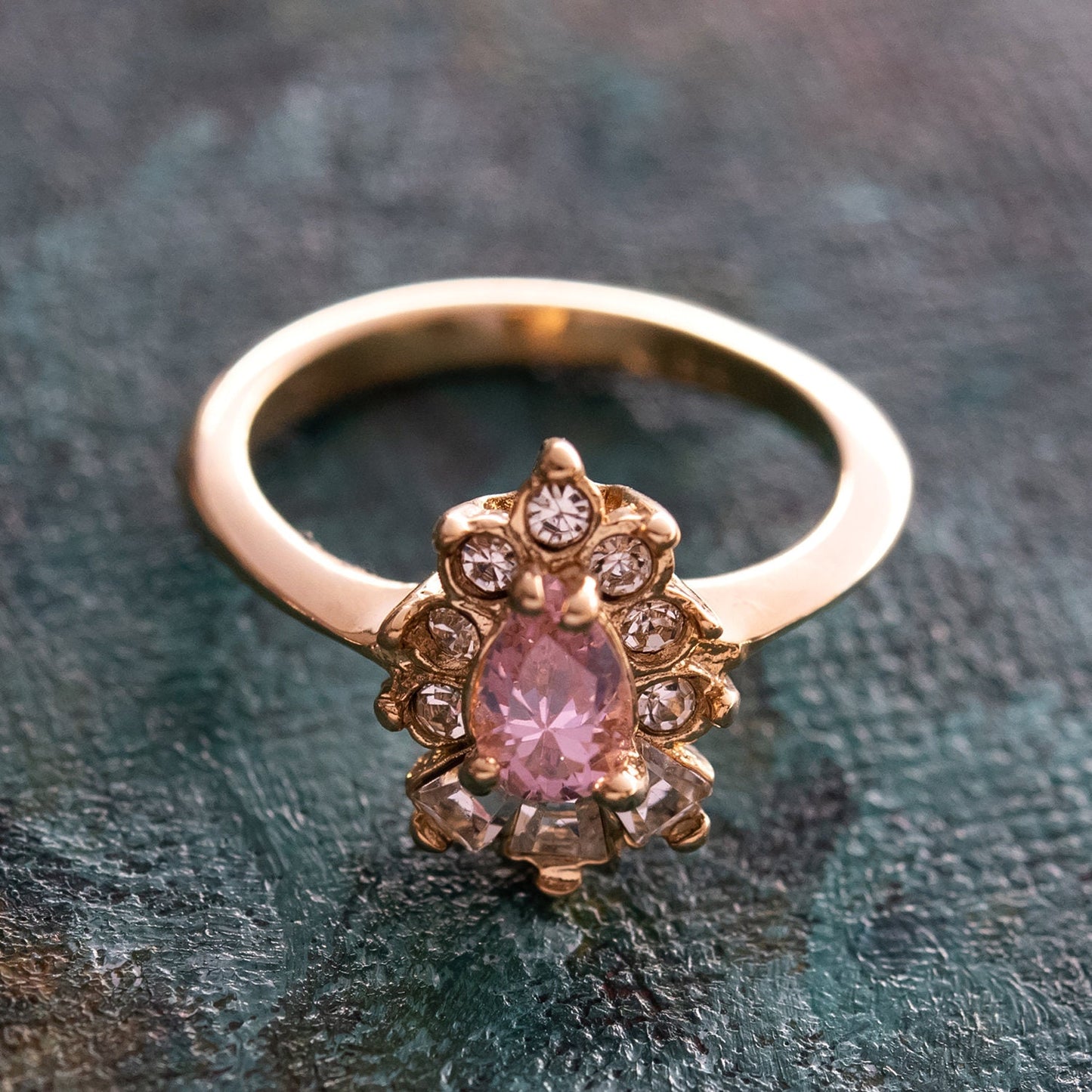 Vintage 1990s Pink Tourmaline CZ & Austrian Crystal 18k Gold Electroplated Cocktail Ring jewelry image 1
