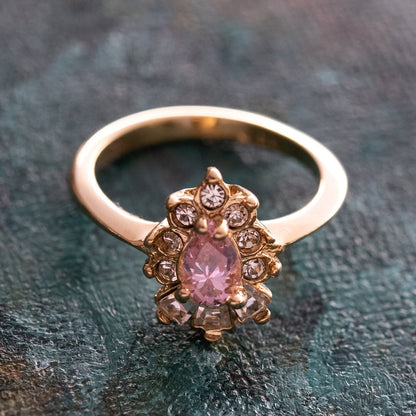 Vintage 1990s Pink Tourmaline CZ & Austrian Crystal 18k Gold Electroplated Cocktail Ring jewelry image 1
