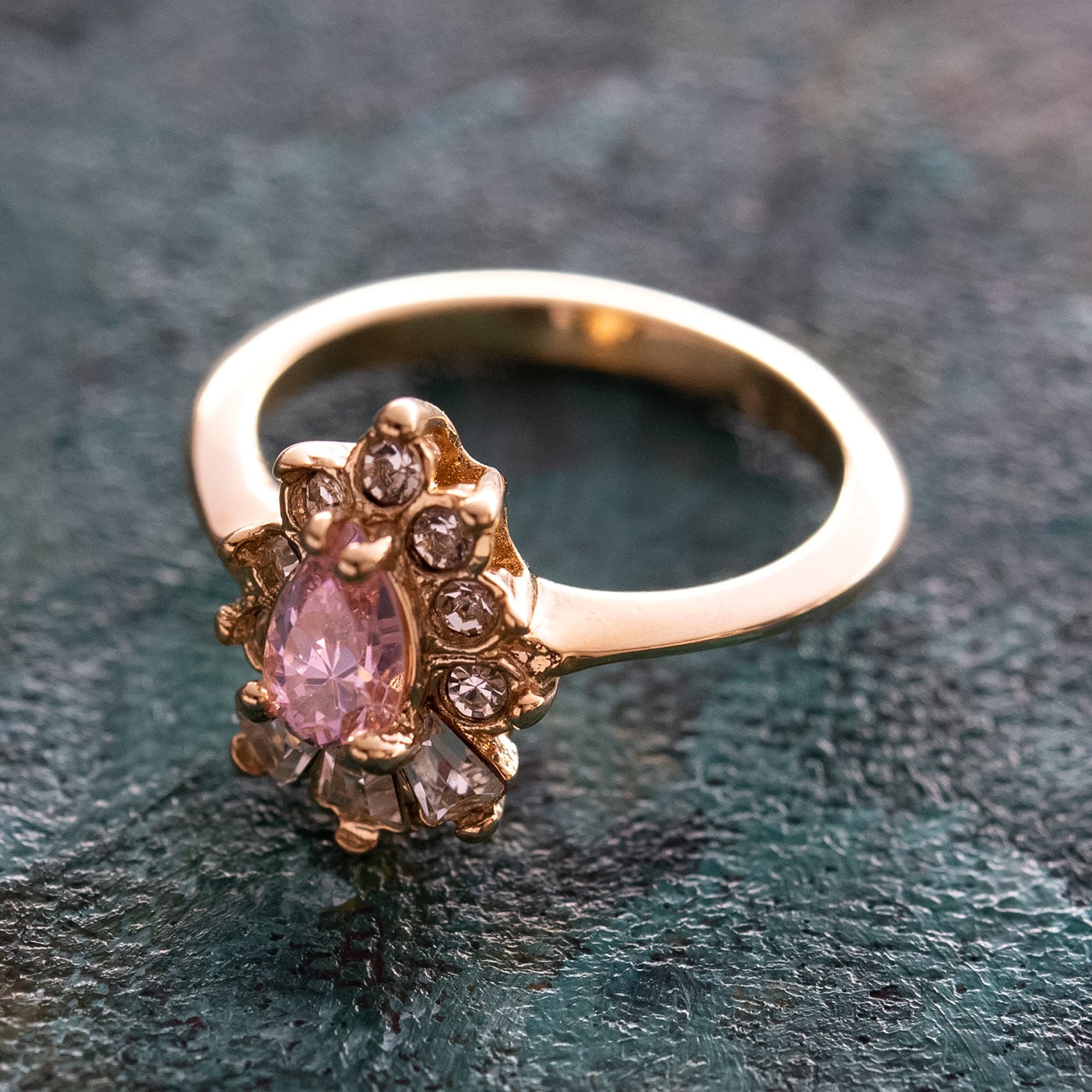 Vintage 1990s Pink Tourmaline CZ & Austrian Crystal 18k Gold Electroplated Cocktail Ring jewelry image 1