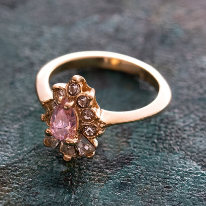 Vintage 1990s Pink Tourmaline CZ & Austrian Crystal 18k Gold Electroplated Cocktail Ring jewelry image 1