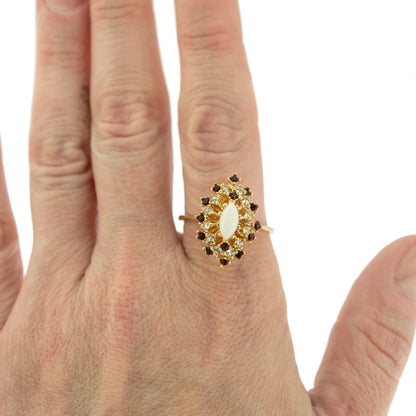 Vintage Genuine Opal Ring with Clear and Ruby Austrian Crystals 18kt Yellow Gold Electroplated jewelry image 1