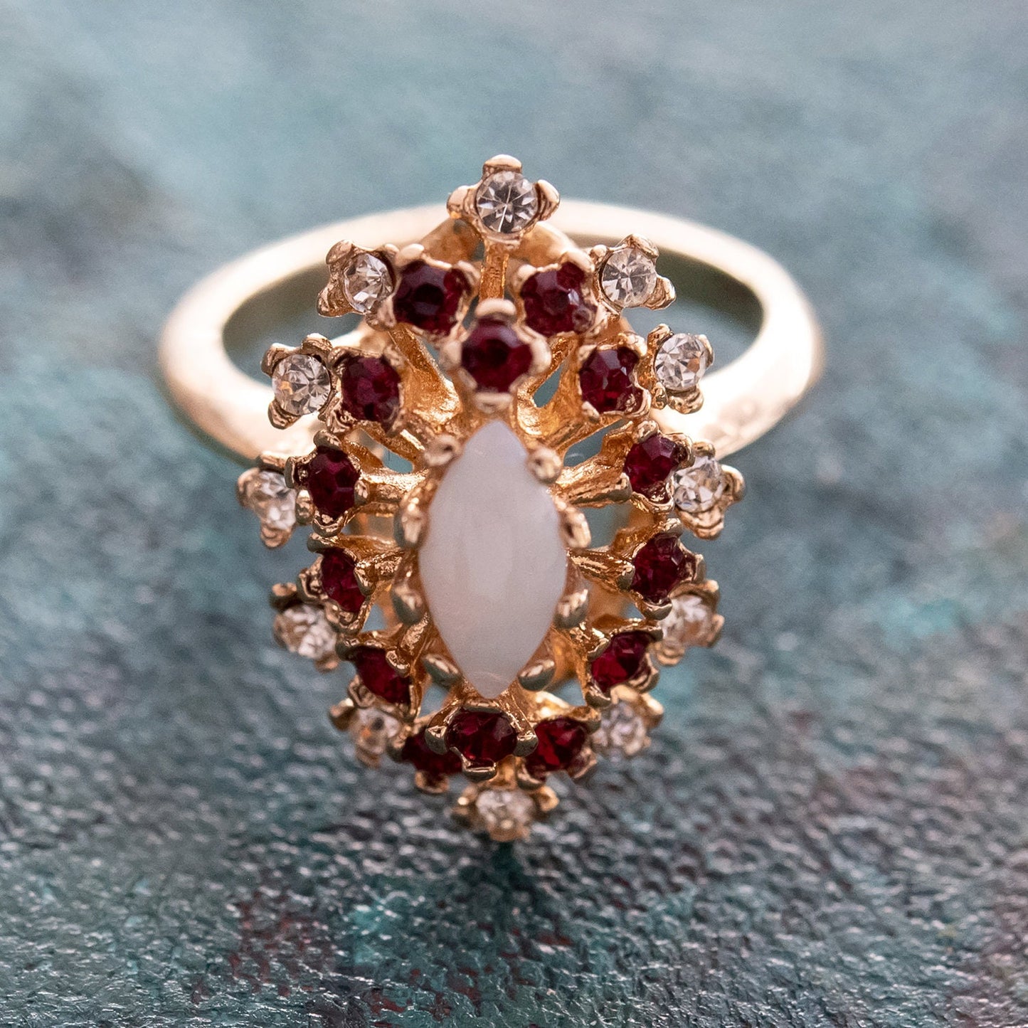Vintage Genuine Opal Ring with Clear and Ruby Red Austrian Crystals – 18kt Yellow Gold Electroplated jewelry image 1