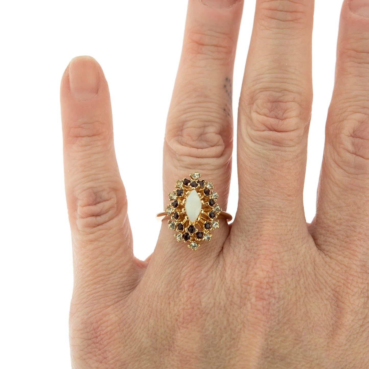 Vintage Genuine Opal Ring with Clear and Ruby Red Austrian Crystals – 18kt Yellow Gold Electroplated jewelry image 1