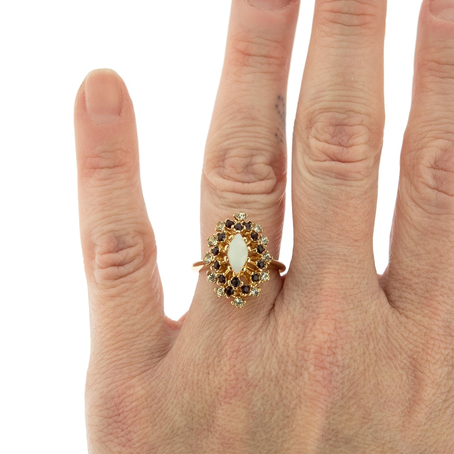 Vintage Genuine Opal Ring with Clear and Ruby Red Austrian Crystals – 18kt Yellow Gold Electroplated jewelry image 1
