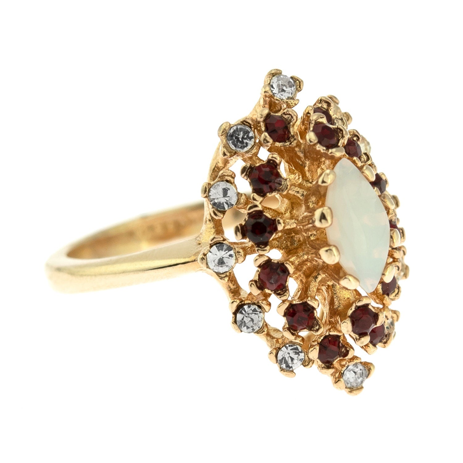 Vintage Genuine Opal Ring with Clear and Ruby Red Austrian Crystals – 18kt Yellow Gold Electroplated jewelry image 1