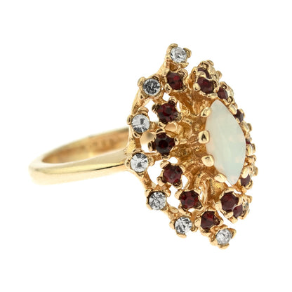 Vintage Genuine Opal Ring with Clear and Ruby Red Austrian Crystals – 18kt Yellow Gold Electroplated jewelry image 1