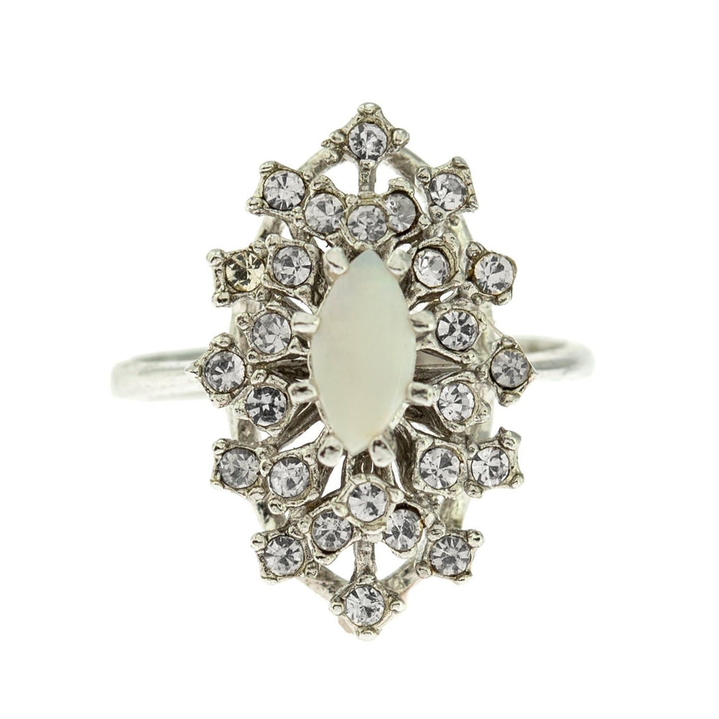 Vintage Genuine Opal and Clear Austrian Crystal Victorian Style Cocktail Ring - 18k White Gold Electroplated jewelry image 1