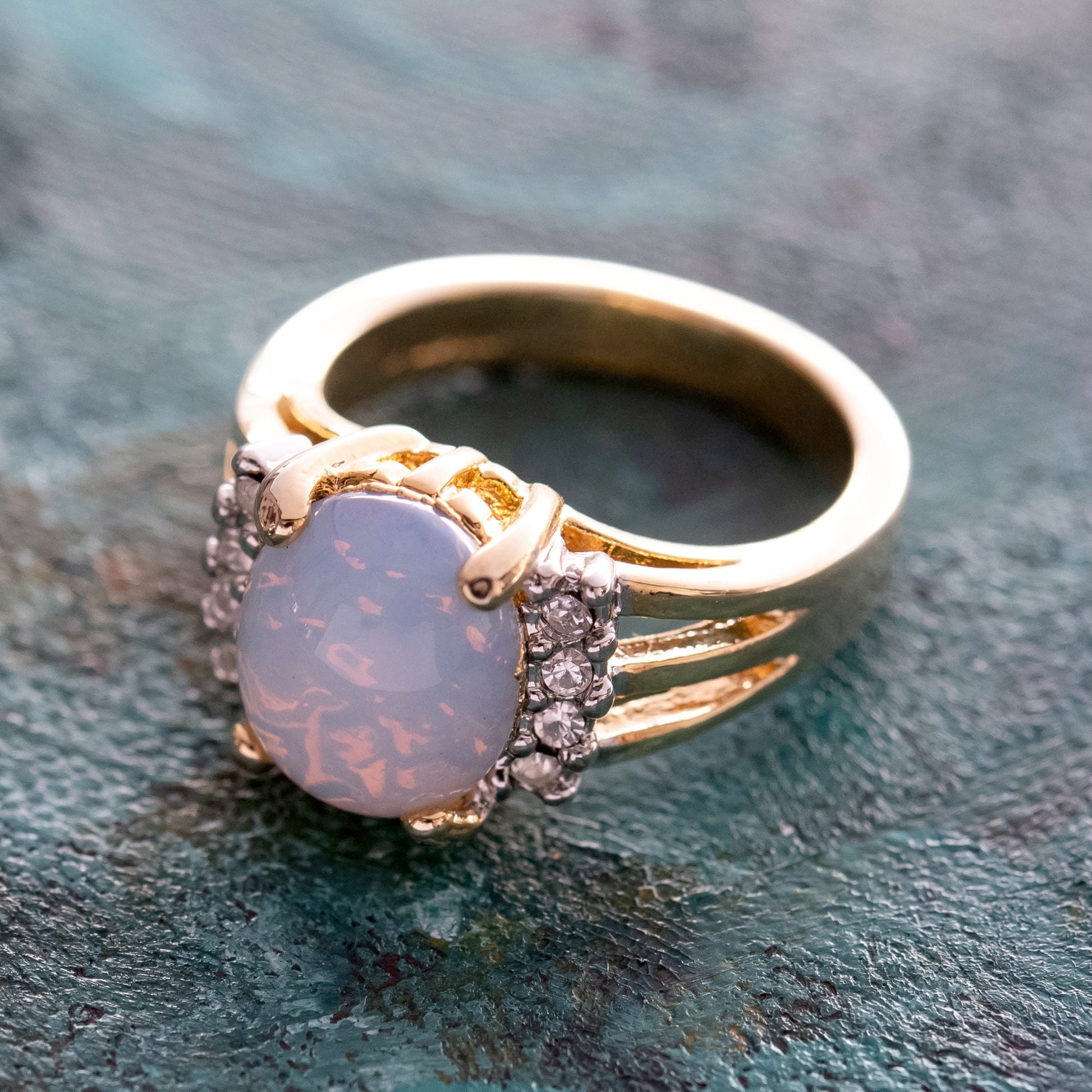 Vintage 1980s Jelly Opal Ring with Clear Austrian Crystals – 18k Yellow Gold Electroplated jewelry image 1