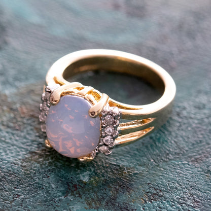 Vintage 1980s Jelly Opal Ring with Clear Austrian Crystals – 18k Yellow Gold Electroplated jewelry image 1