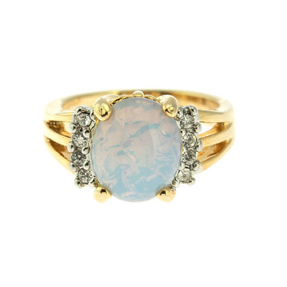 Vintage 1980s Jelly Opal Ring with Clear Austrian Crystals – 18k Yellow Gold Electroplated jewelry image 1