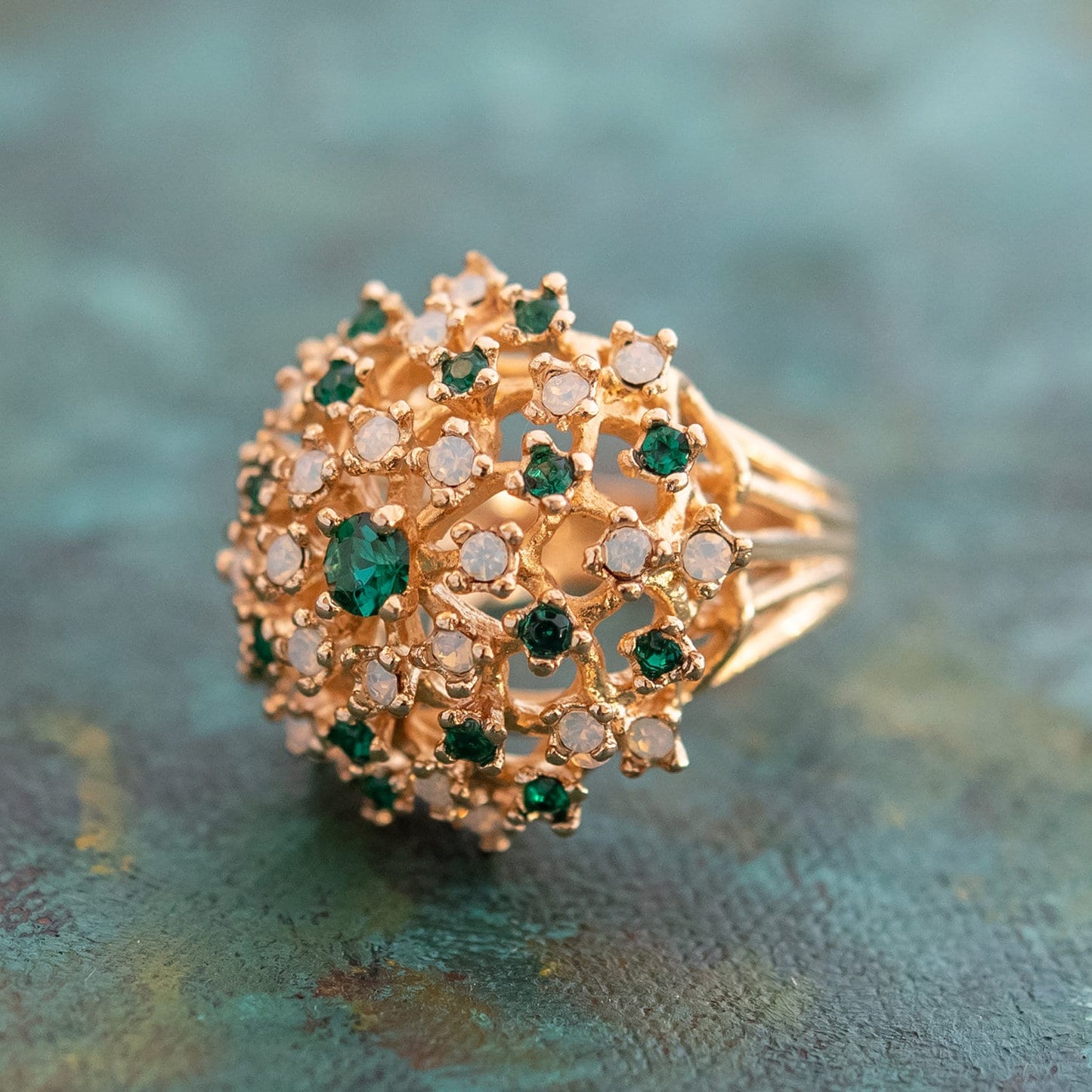 Vintage Dome Cocktail Ring with Genuine Pinfire Opals and Emerald Green Crystals - 18k Gold Electroplated jewelry image 1