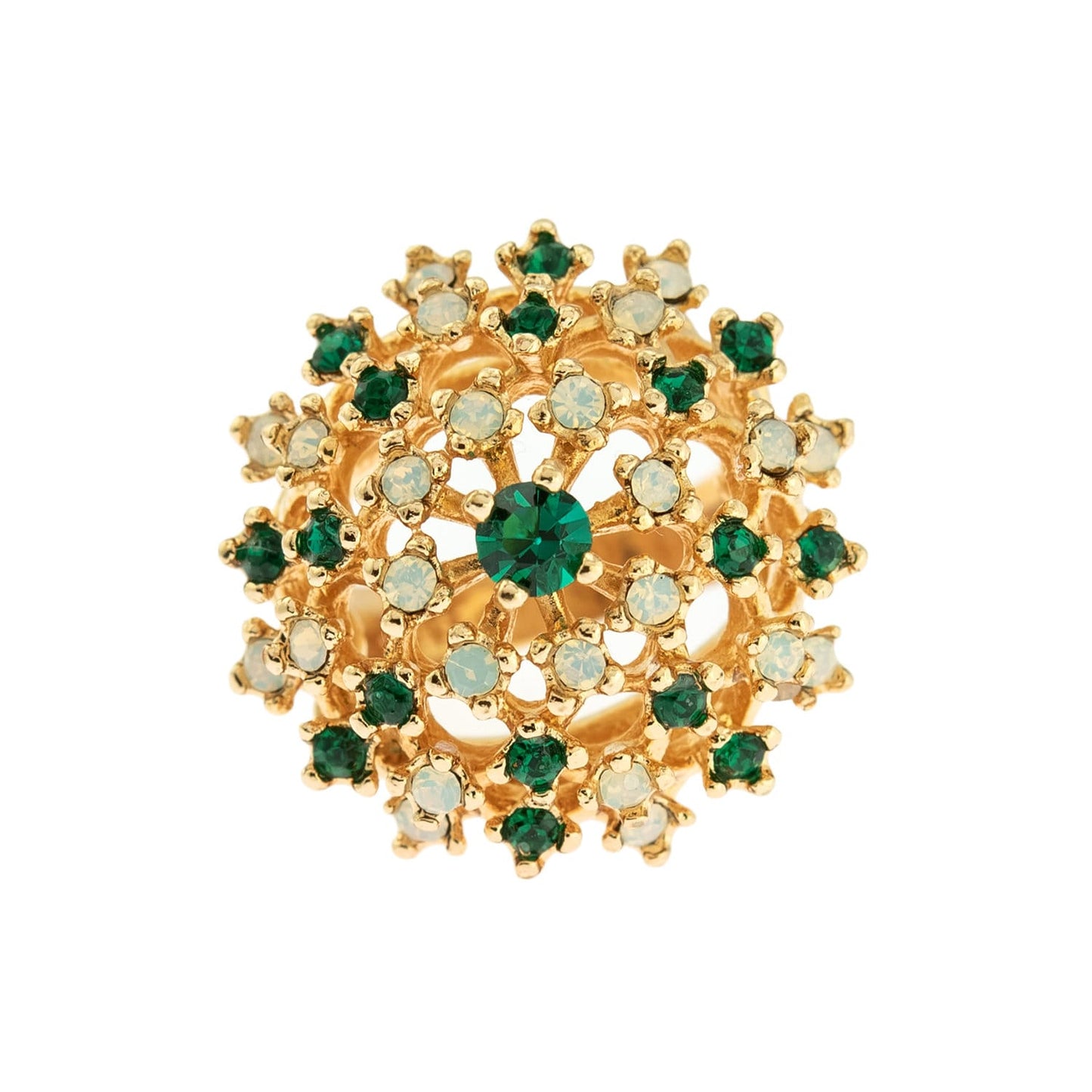 Vintage Dome Cocktail Ring with Genuine Pinfire Opals and Emerald Green Crystals - 18k Gold Electroplated jewelry image 1