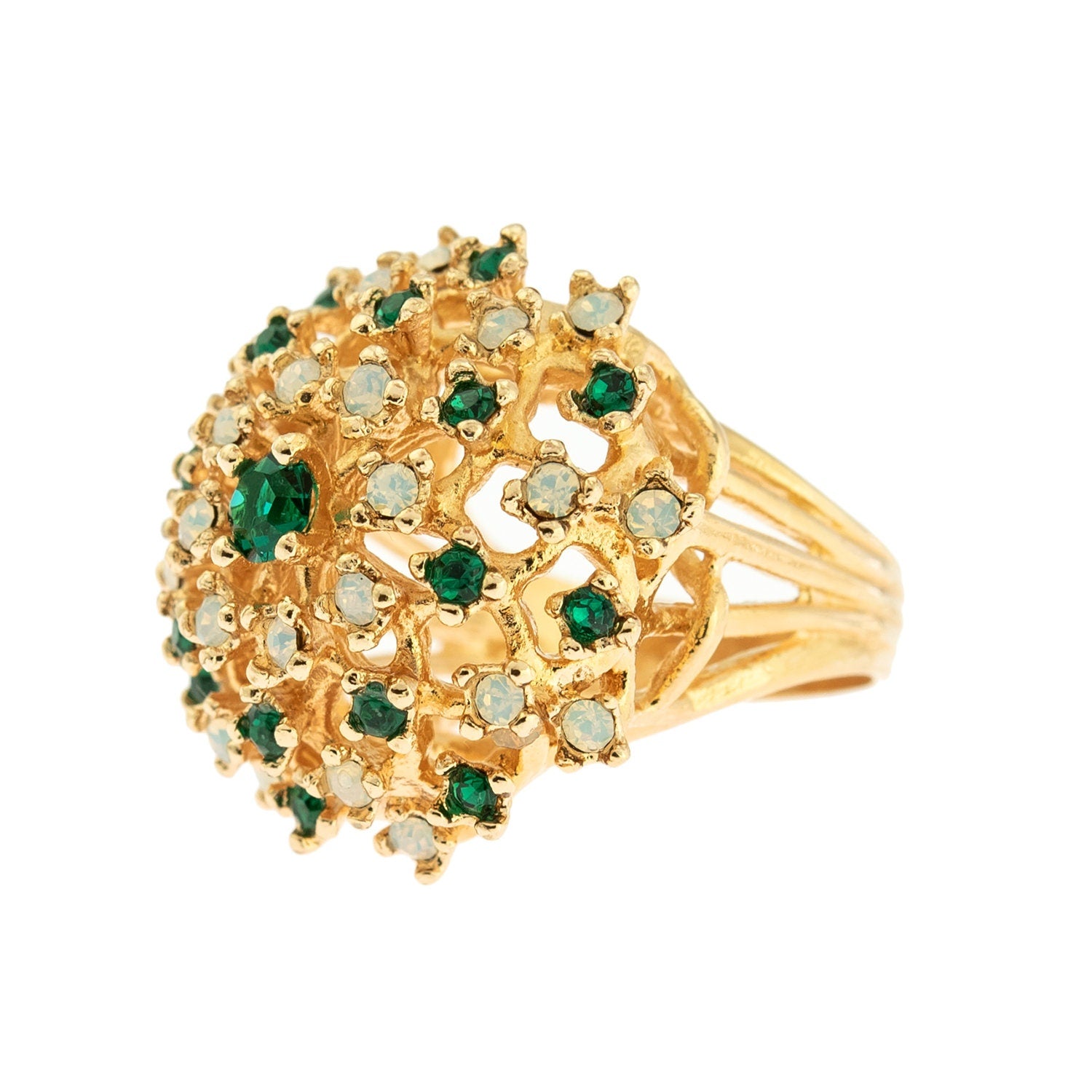 Vintage Dome Cocktail Ring with Genuine Pinfire Opals and Emerald Green Crystals - 18k Gold Electroplated jewelry image 1