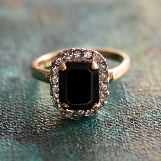 Vintage Black and Clear Austrian Crystal 18k Yellow Gold Electroplated Halo Ring - Made in USA jewelry image 1