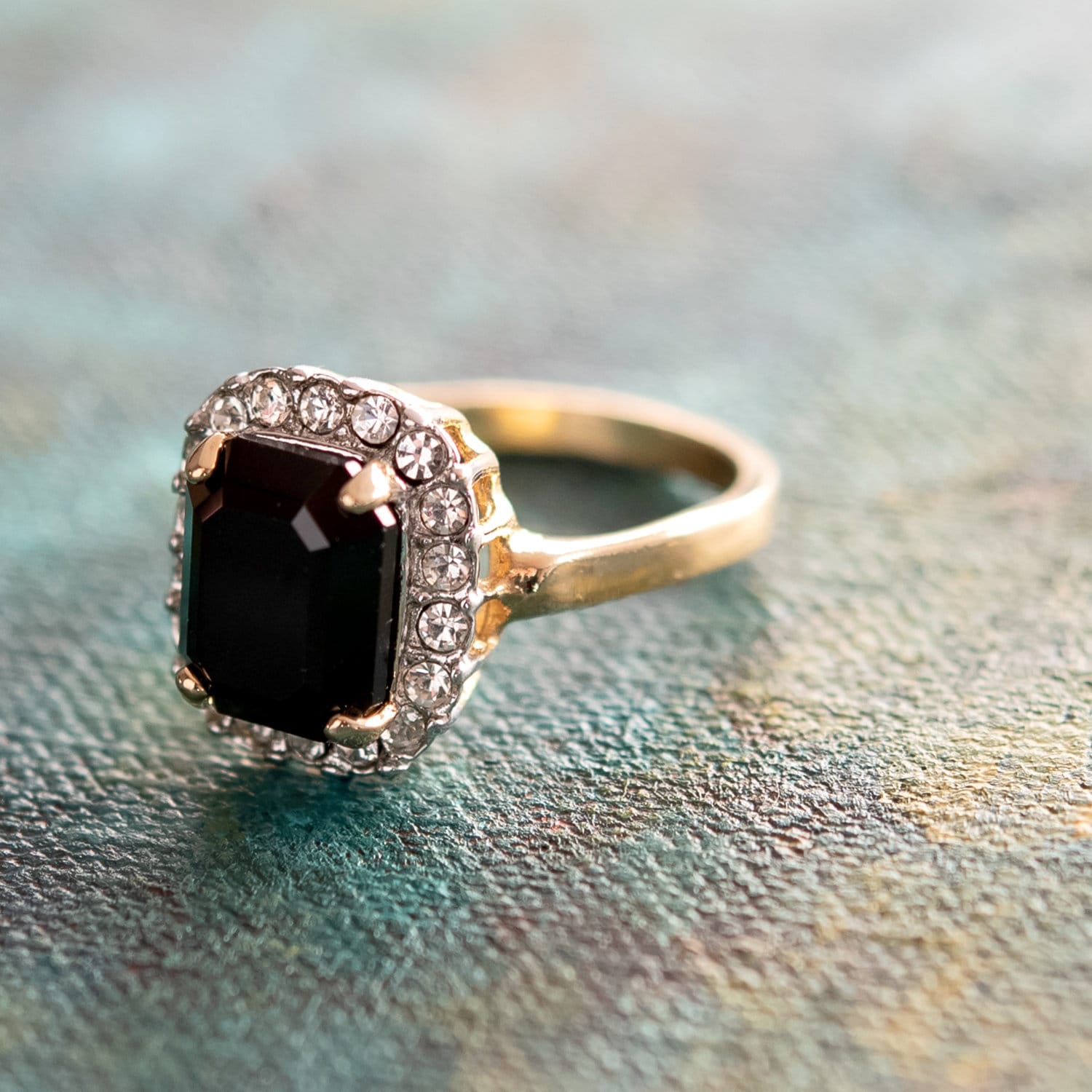 Vintage Black and Clear Austrian Crystal 18k Yellow Gold Electroplated Halo Ring - Made in USA jewelry image 1