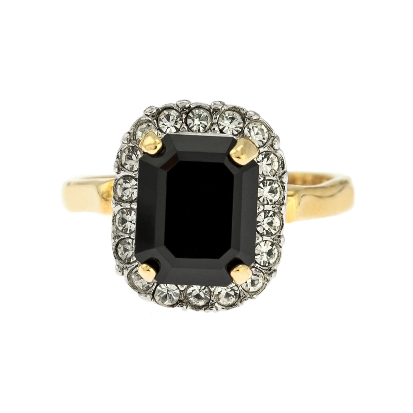 Vintage Black and Clear Austrian Crystal 18k Yellow Gold Electroplated Halo Ring - Made in USA jewelry image 1