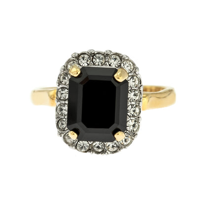 Vintage Black and Clear Austrian Crystal 18k Yellow Gold Electroplated Halo Ring - Made in USA jewelry image 1