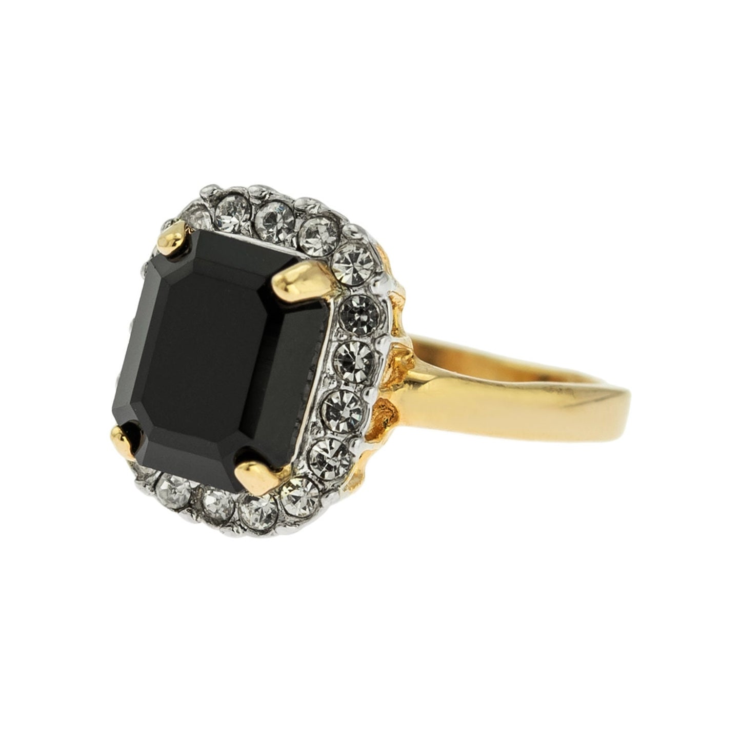 Vintage Black and Clear Austrian Crystal 18k Yellow Gold Electroplated Halo Ring - Made in USA jewelry image 1