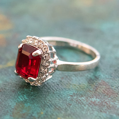 Vintage 18k White Gold Electroplated Ruby and Clear Austrian Crystal Halo Ring – Made in USA jewelry image 1