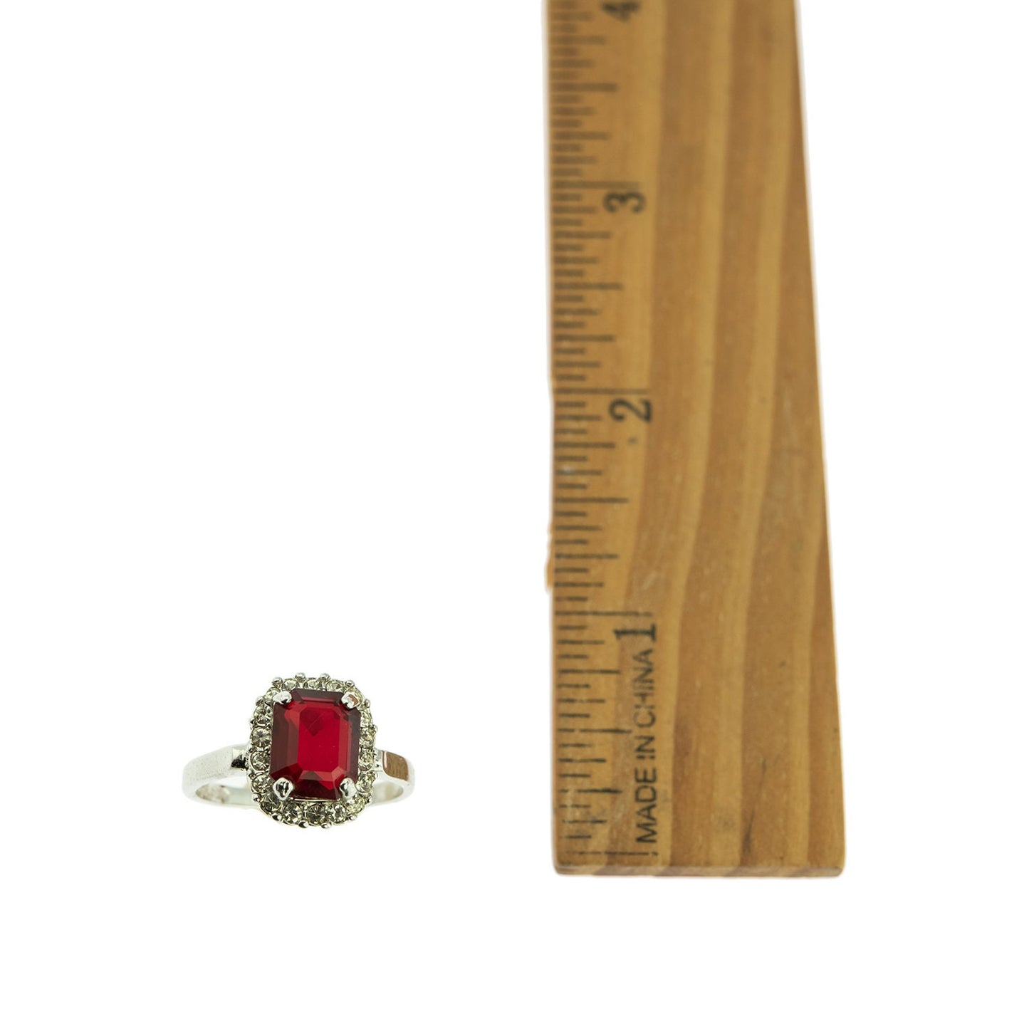 Vintage 18k White Gold Electroplated Ruby and Clear Austrian Crystal Halo Ring – Made in USA jewelry image 1