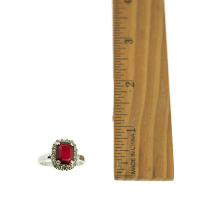 Vintage 18k White Gold Electroplated Ruby and Clear Austrian Crystal Halo Ring – Made in USA jewelry image 1