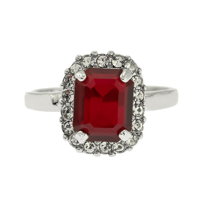 Vintage 18k White Gold Electroplated Ruby and Clear Austrian Crystal Halo Ring – Made in USA jewelry image 1