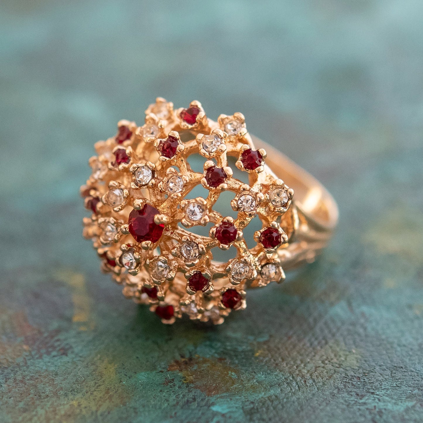 Vintage Ruby and Clear Austrian Crystal Burst Ring - 18k Yellow Gold Electroplated - Made in USA jewelry image 1