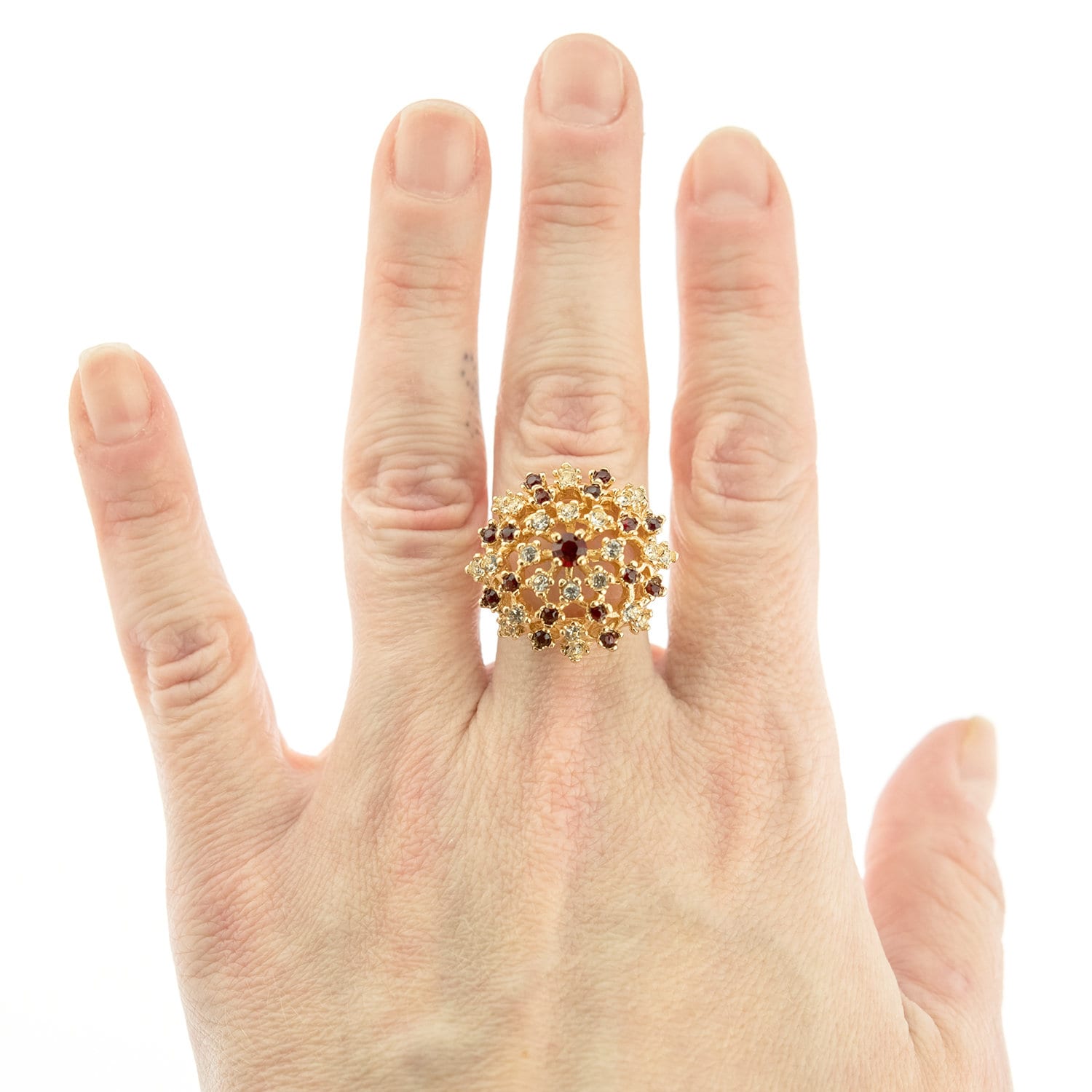 Vintage Ruby and Clear Austrian Crystal Burst Ring - 18k Yellow Gold Electroplated - Made in USA jewelry image 1