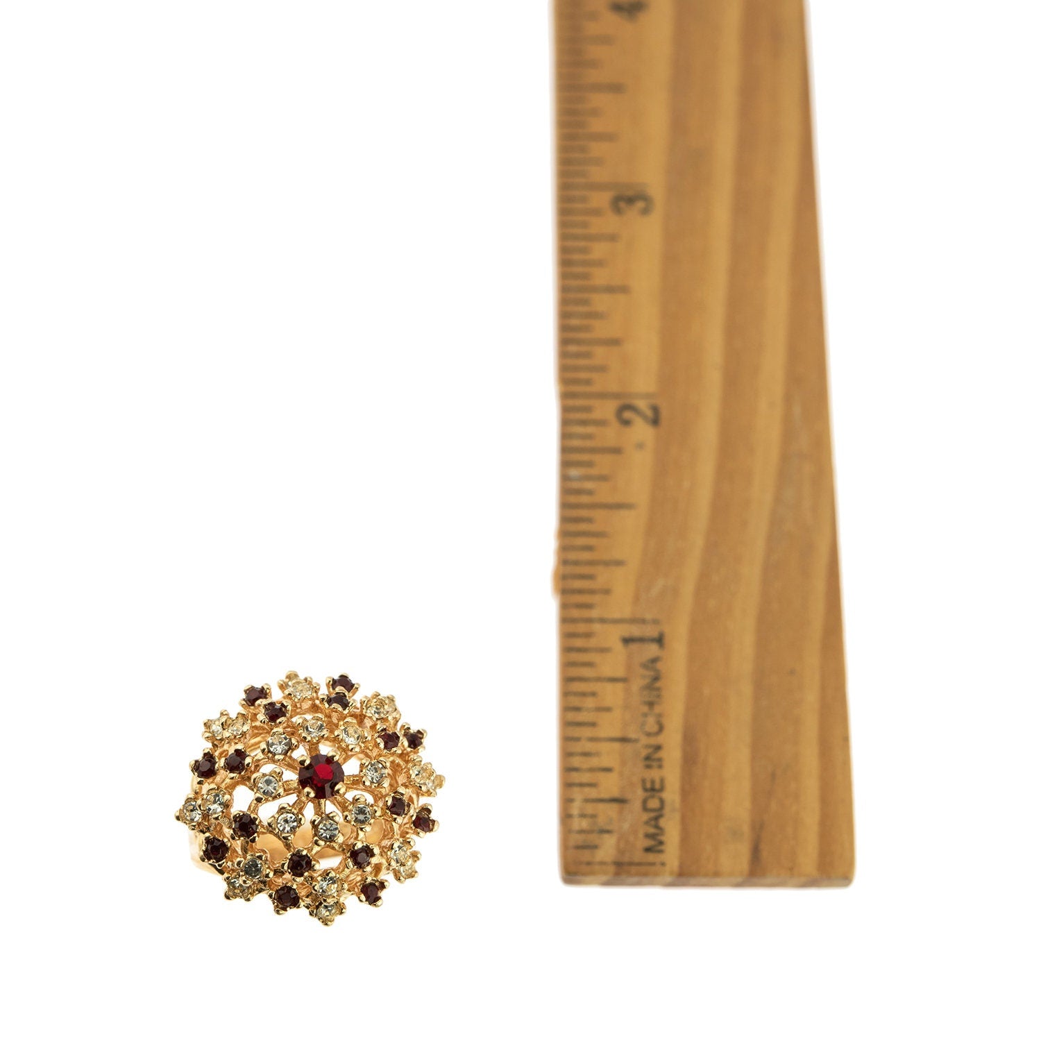 Vintage Ruby and Clear Austrian Crystal Burst Ring - 18k Yellow Gold Electroplated - Made in USA jewelry image 1