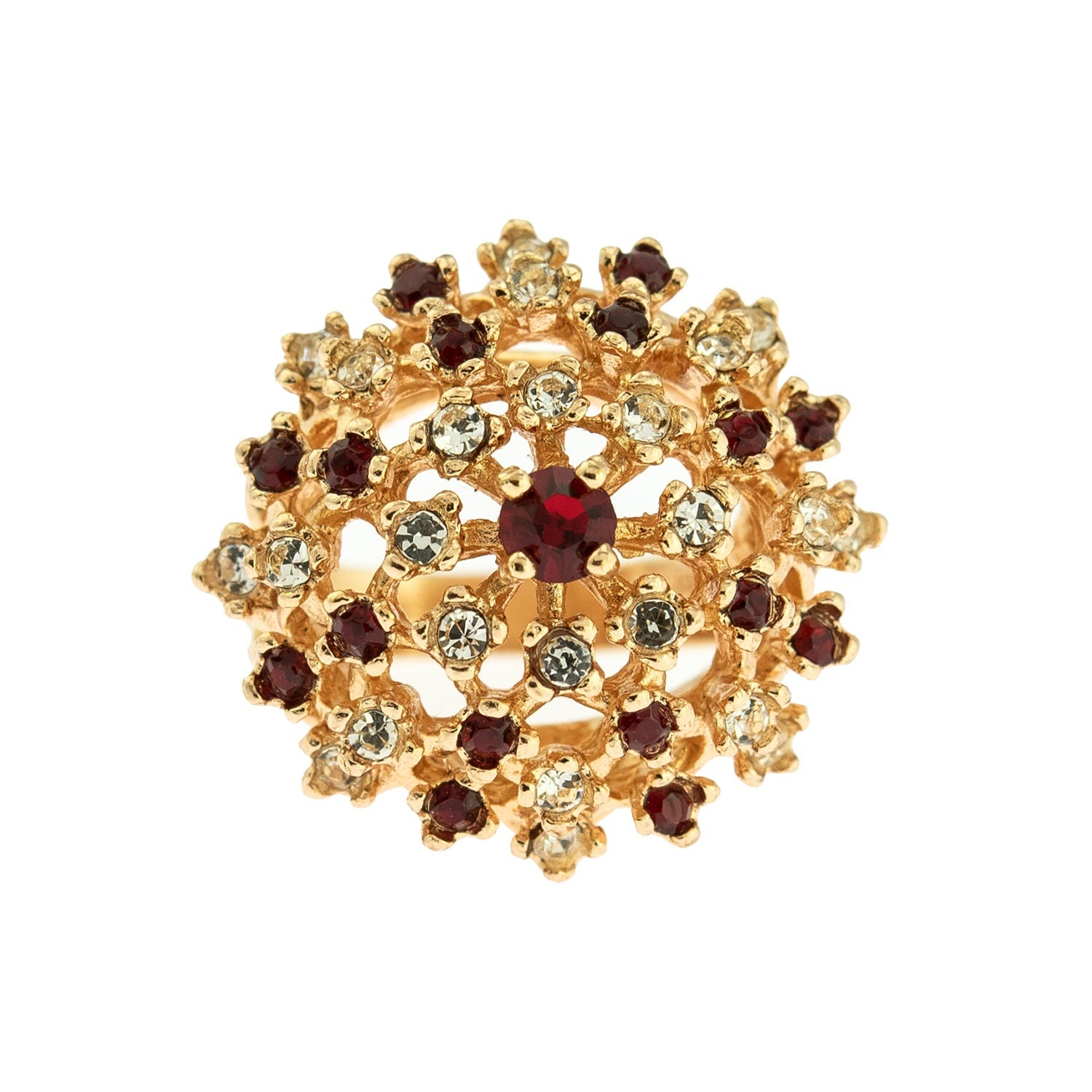 Vintage Ruby and Clear Austrian Crystal Burst Ring - 18k Yellow Gold Electroplated - Made in USA jewelry image 1