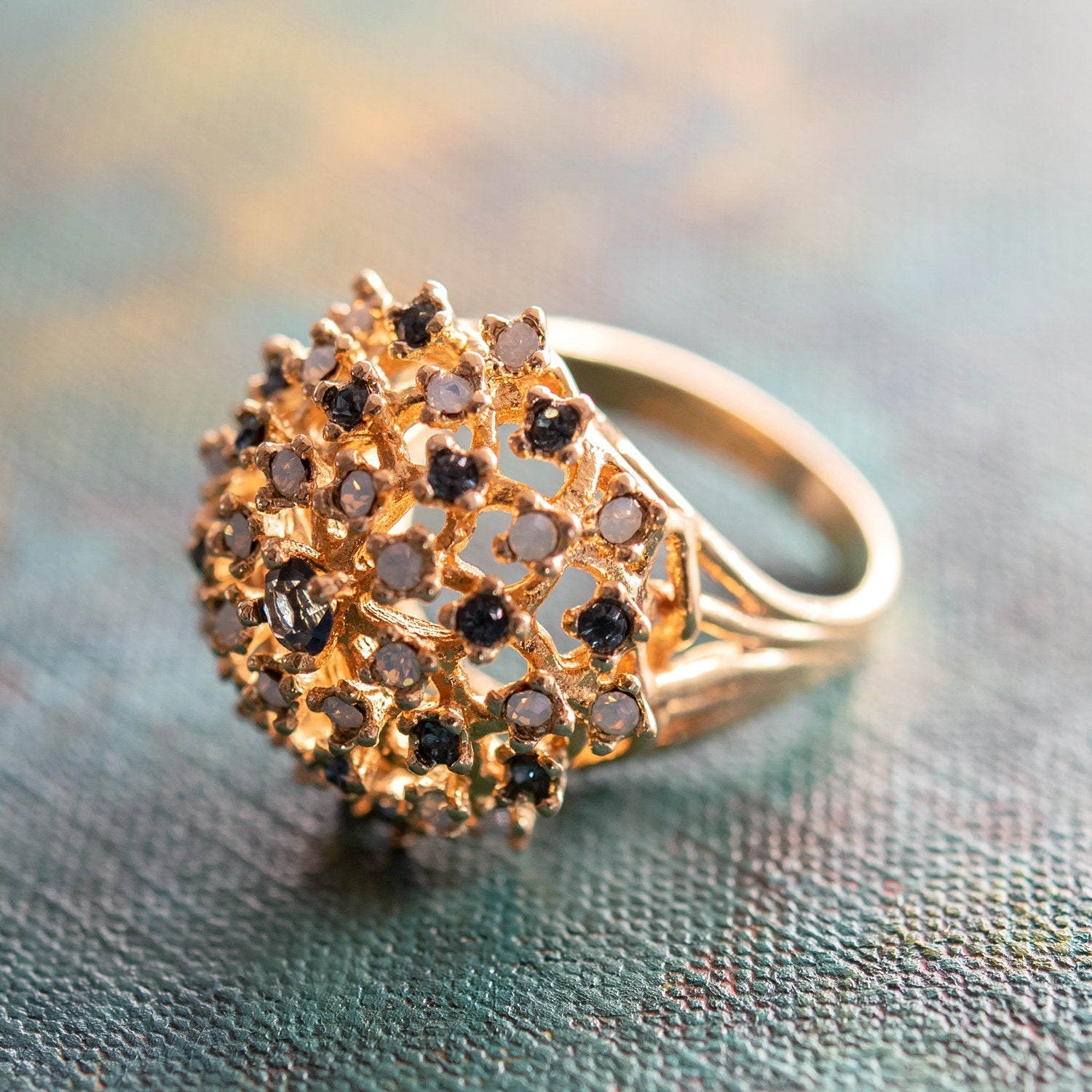 Vintage Dome Cocktail Ring with Pinfire Opals and Sapphire Crystals - 18k Gold Electroplated jewelry image 1