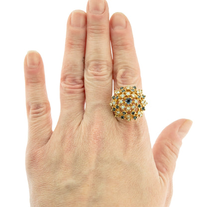 Vintage Dome Cocktail Ring with Pinfire Opals and Sapphire Crystals - 18k Gold Electroplated jewelry image 1