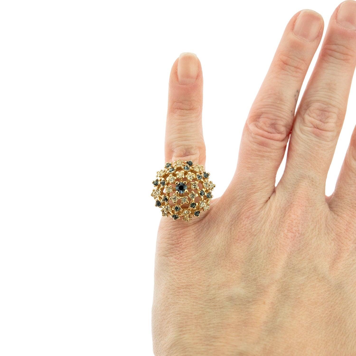 Vintage Sapphire and Clear Austrian Crystal Burst Ring - 18k Yellow Gold Electroplated - Made in USA jewelry image 1